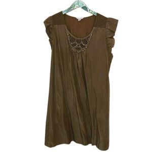 Garnet hill embroidered silk blend  shift dress olive green. Gorgeous! Sz 18